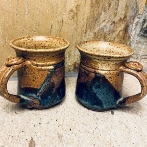 Artist signed earthtone mugs with jewel coloured glaze details - unique set